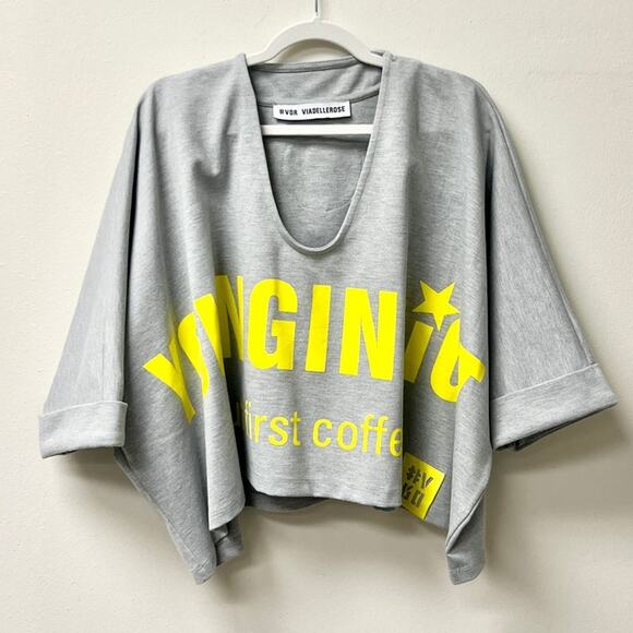 VDR Viadellerose Melange 3/4 Sleeve Crop Sweatshirt Gray/Yellow Women's OS - Picture 3 of 7